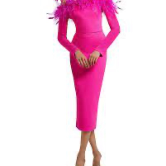 Safiyaa Vittoria Off the Shoulder Feather Dress Pink Midi Dress US sz 2 (FR 34) - Picture 5 of 12